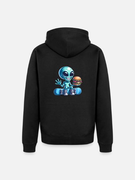 Alien Snowboarder Hamburger Fast Food - Unisex Premium Organic Zip Hoodie - black