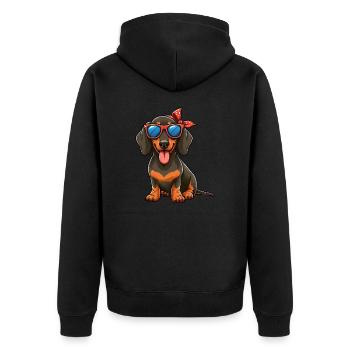 Cooler Dackel mit Sonnenbrille und Haarschleife - Unisex Premium Bio Zip Hoodie - Schwarz - Hinten - Nico (187cm)