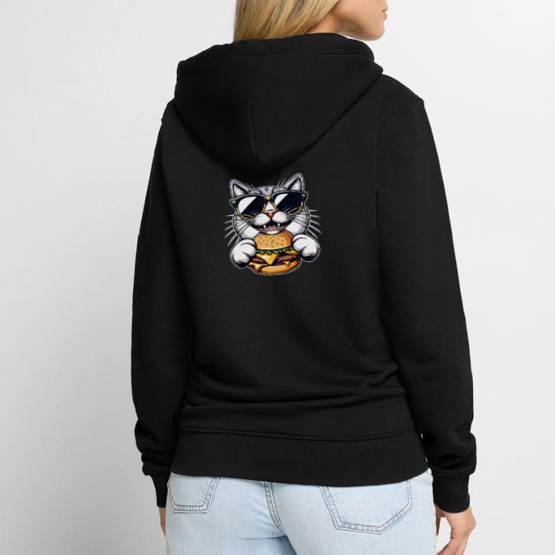Chat nerd cool mangeant hamburger cheeseburger Veste à capuche bio Premium Unisexe