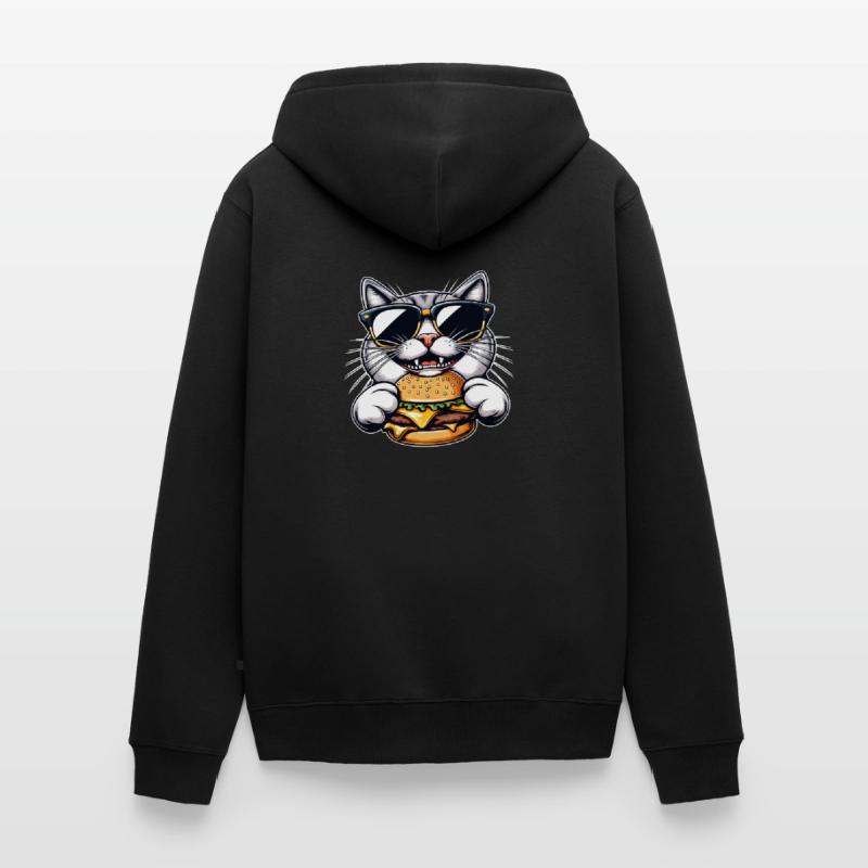 Chat nerd cool mangeant hamburger cheeseburger Veste à capuche bio Premium Unisexe