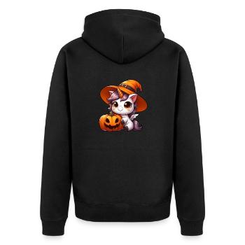 Skurriles Halloween Einhorn Dinosaurier mit - Unisex Premium Bio Zip Hoodie - Schwarz - Hinten - Nico (187cm)