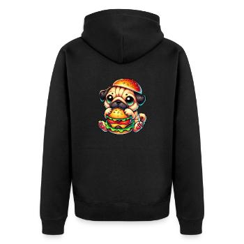 Süßer Hund Mops Hamburger Cheeseburger Fast Food - Unisex Premium Bio Zip Hoodie - Schwarz - Hinten - Nico (187cm)