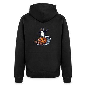 Halloween Pinguin Kürbis Surfer Surfbrett - Unisex Premium Bio Zip Hoodie - Schwarz - Hinten - Nico (187cm)