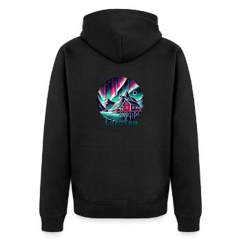 Lofoten Nordlichter Skandinavien Reise - Unisex Premium Bio Zip Hoodie - Schwarz - Hinten - Nico (187cm)