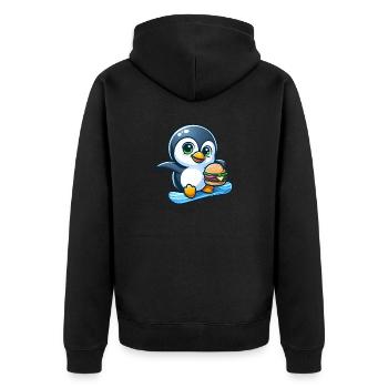 Cooler Pinguin Snowboarder mit Burger - Unisex Premium Bio Zip Hoodie - Schwarz - Hinten - Nico (187cm)