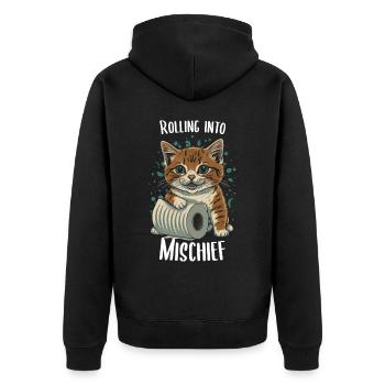 Muntere Mätzchen: Katze und Toilettenpapier - Unisex Premium Bio Zip Hoodie - Schwarz - Hinten - Nico (187cm)