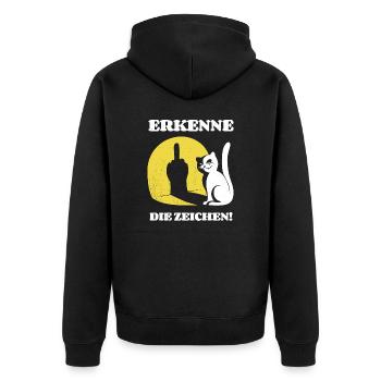 Erkenne die Zeichen Katze Mittelfinger Spruch - Unisex Premium Bio Zip Hoodie - Schwarz - Hinten - Nico (187cm)