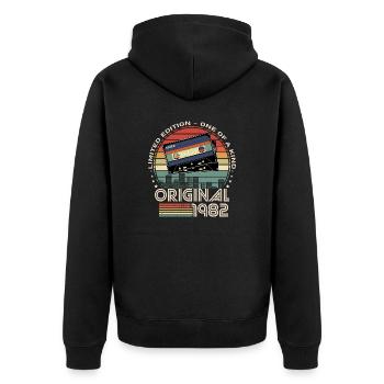 Limitierte Auflage 1982 42. Jubiläum - Unisex Premium Bio Zip Hoodie - Schwarz - Hinten - Nico (187cm)