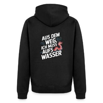 Aus dem Weg, ich muss aufs Wasser - Unisex Premium Bio Zip Hoodie - Schwarz - Hinten - Nico (187cm)