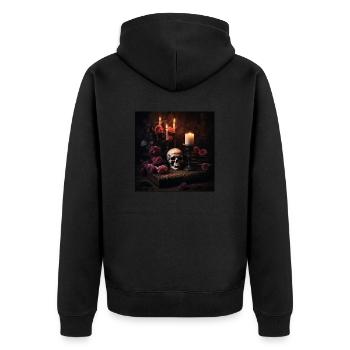 Dunkles Gothic Lifestyle Designer T-Shirt - Unisex Premium Bio Zip Hoodie - Schwarz - Hinten - Nico (187cm)