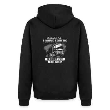 Lastwagen Shirt · LKW · Transport · Fahren Wissen - Unisex Premium Bio Zip Hoodie - Schwarz - Hinten - Nico (187cm)