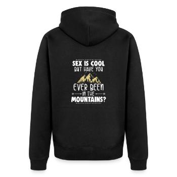 Berge Shirt · Bergsteigen · Wandern · Berge? - Unisex Premium Bio Zip Hoodie - Schwarz - Hinten - Nico (187cm)