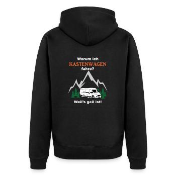 Warum ich Kastenwagen fahre? Weil's geil ist! - Unisex Premium Bio Zip Hoodie - Schwarz - Hinten - Nico (187cm)