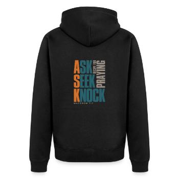 Ask Seek Knock - Christliche Kleidung - Unisex Premium Bio Zip Hoodie - Schwarz - Hinten - Nico (187cm)