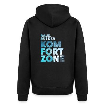 Raus aus der Komfortzone - Unisex Premium Bio Zip Hoodie - Schwarz - Hinten - Nico (187cm)