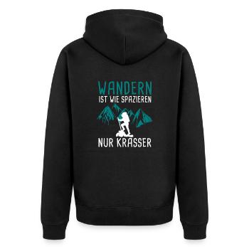 Wandern ist wie spazieren - Unisex Premium Bio Zip Hoodie - Schwarz - Hinten - Nico (187cm)
