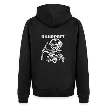 Ruhrpott Skull Bergmann - Unisex Premium Bio Zip Hoodie - Schwarz - Hinten - Nico (187cm)