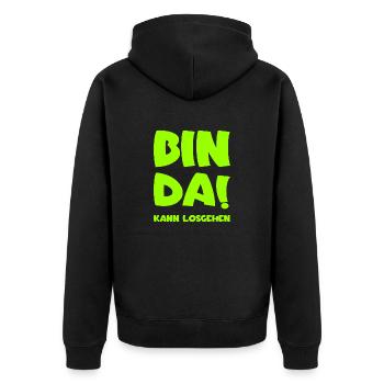 Bin da - Kann losgehen - Unisex Premium Bio Zip Hoodie - Schwarz - Hinten - Nico (187cm)