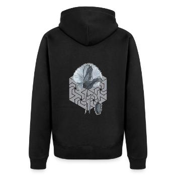 schwarzweiße Mohnblume mit Sechseck im Hintergrund - Unisex Premium Bio Zip Hoodie - Schwarz - Hinten - Nico (187cm)