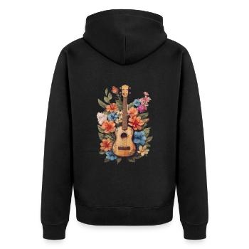 Vintage Ukulele mit Blumen - Unisex Premium Bio Zip Hoodie - Schwarz - Hinten - Nico (187cm)