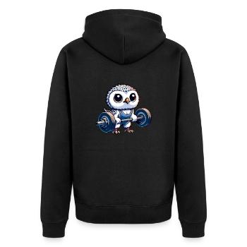 Hibou avec haltères séance d’entraînement Harfang des neiges tige - Veste à capuche bio Premium Unisexe - noir - Dos - Nico (187cm)