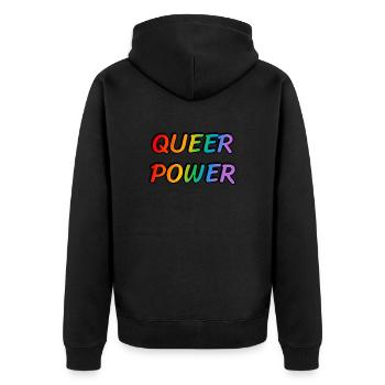 Queere Macht - Unisex Premium Bio Zip Hoodie - Schwarz - Hinten - Nico (187cm)