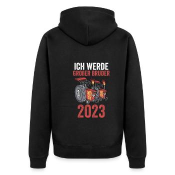 Bruder 2023 Traktor Werdender Bruder - Unisex Premium Bio Zip Hoodie - Schwarz - Hinten - Nico (187cm)