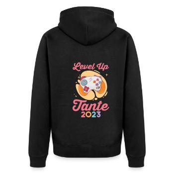 Tante 2023 Gamer Zocker Werdende Tante - Unisex Premium Bio Zip Hoodie - Schwarz - Hinten - Nico (187cm)