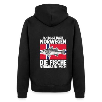 Angeln Angler Fischen Norwegen - Unisex Premium Bio Zip Hoodie - Schwarz - Hinten - Nico (187cm)