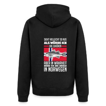 Angeln Angler Fischen Norwegen - Unisex Premium Bio Zip Hoodie - Schwarz - Hinten - Nico (187cm)
