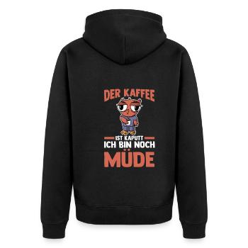 Der Kaffee Ist Kaputt Ich Bin Noch Müde Eule - Unisex Premium Bio Zip Hoodie - Schwarz - Hinten - Nico (187cm)