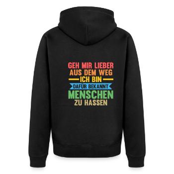 Geh Mir Lieber Aus Dem Weg Ich Hasse Menschen Katz - Unisex Premium Bio Zip Hoodie - Schwarz - Hinten - Nico (187cm)