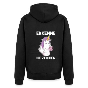 Erkenne Die Zeichen Einhorn - Unisex Premium Bio Zip Hoodie - Schwarz - Hinten - Nico (187cm)