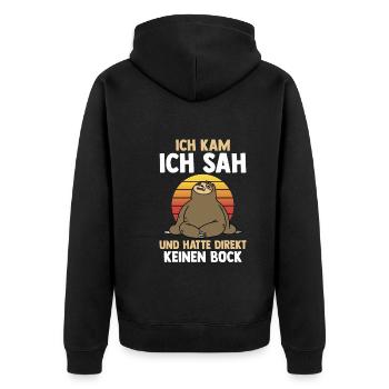 Ich Kam Ich Sah Und Hatte Direkt Keinen Bock Fault - Unisex Premium Bio Zip Hoodie - Schwarz - Hinten - Nico (187cm)