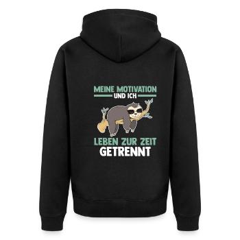 Meine Motivation und ich leben zur Zeit getrennt F - Unisex Premium Bio Zip Hoodie - Schwarz - Hinten - Nico (187cm)