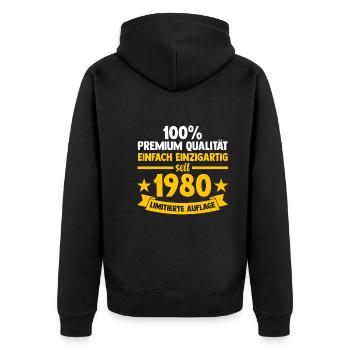 Jahrgang 1980 43 Jahre Geburtstag - Unisex Premium Bio Zip Hoodie - Schwarz - Hinten - Nico (187cm)