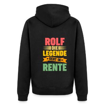 Rolf die Legende geht in Rente - Unisex Premium Bio Zip Hoodie - Schwarz - Hinten - Nico (187cm)