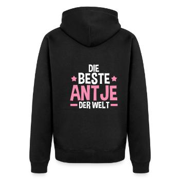 Antje - Unisex Premium Bio Zip Hoodie - Schwarz - Hinten - Nico (187cm)