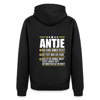 Antje - Unisex Premium Bio Zip Hoodie - Schwarz - Hinten - Nico (187cm)