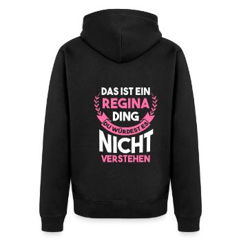 Vorname Regina - Unisex Premium Bio Zip Hoodie - Schwarz - Hinten - Nico (187cm)