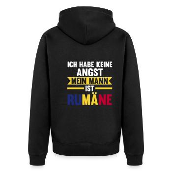 Ich habe keine Angst mein Mann ist Rumäne - Unisex Premium Bio Zip Hoodie - Schwarz - Hinten - Nico (187cm)