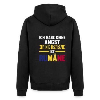 Ich habe keine Angst mein Papa ist Rumäne - Unisex Premium Bio Zip Hoodie - Schwarz - Hinten - Nico (187cm)