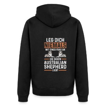 Hund Australian Shepherd - Unisex Premium Bio Zip Hoodie - Schwarz - Hinten - Nico (187cm)