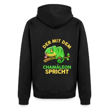 Der mit dem Chamäleon spricht - Unisex Premium Bio Zip Hoodie - Schwarz - Hinten - Nico (187cm)