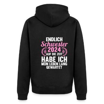 Werdende Schwester 2024 - Unisex Premium Bio Zip Hoodie - Schwarz - Hinten - Nico (187cm)