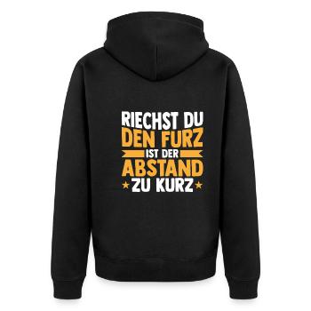 Riechst Du Den Furz Ist Der Abstand Zu Kurz - Unisex Premium Bio Zip Hoodie - Schwarz - Hinten - Nico (187cm)