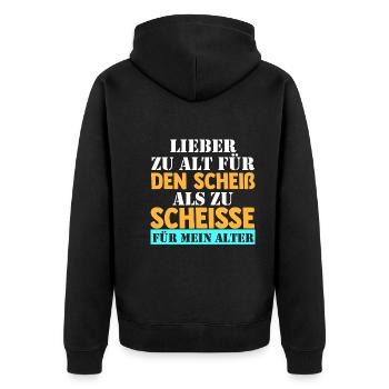 Zu Alt Für Den Scheiß - Unisex Premium Bio Zip Hoodie - Schwarz - Hinten - Nico (187cm)