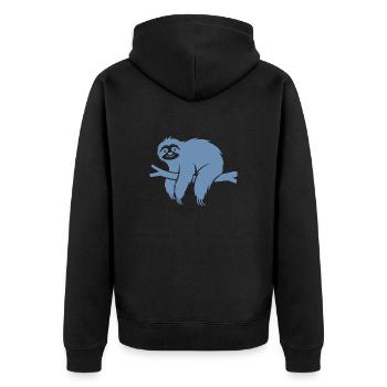 Minimalistisches Faultier entspannt auf einem Ast - Unisex Premium Bio Zip Hoodie - Schwarz - Hinten - Nico (187cm)