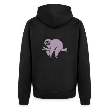 Minimalistisches Faultier entspannt auf einem Ast - Unisex Premium Bio Zip Hoodie - Schwarz - Hinten - Nico (187cm)