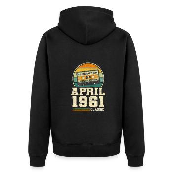 62e anniversaire Avril Né 1961 Idée cadeau - Veste à capuche bio Premium Unisexe - noir - Dos - Nico (187cm)